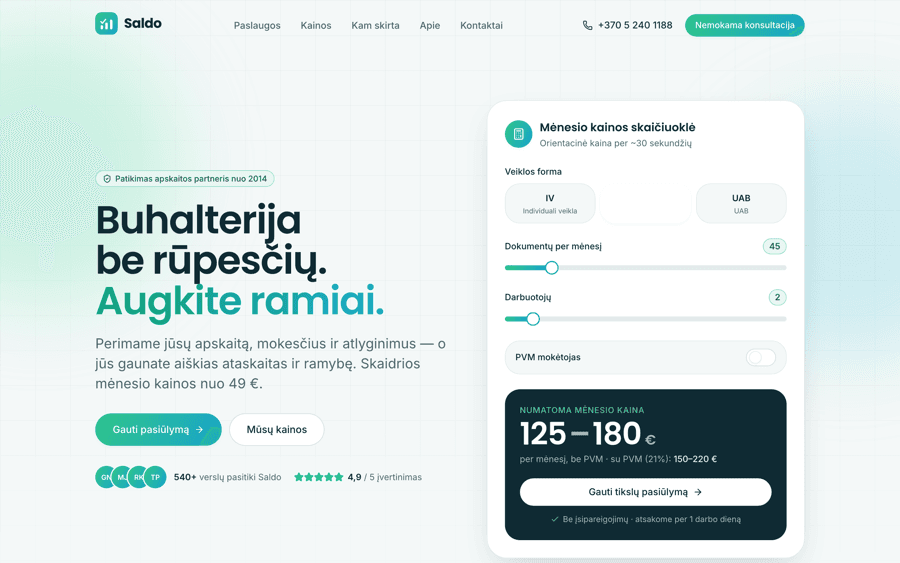 Saldo — svetainės ekrano kopija